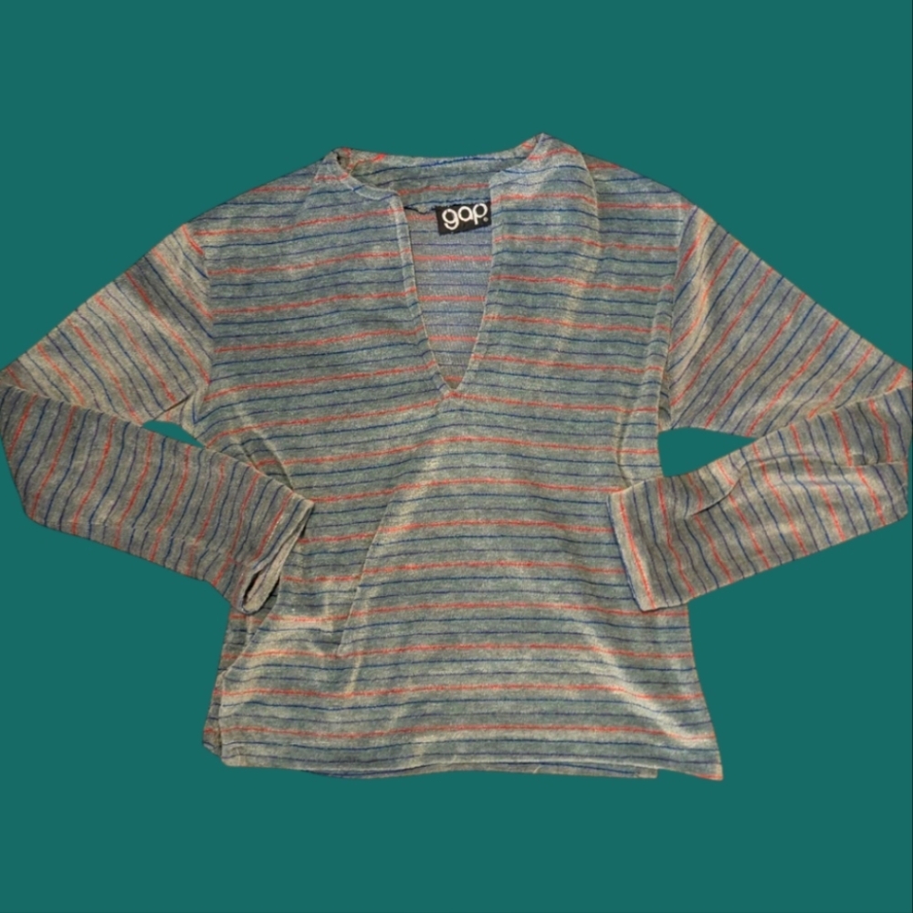 Gap 70s Vintage Women's Velour Multi Color Striped Gray Tunic Top Rare